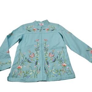 Vintage Quacker Factory blue heavily embroidered floral butterfly jacket